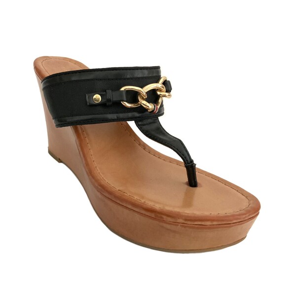 Tommy Hilfiger Thong Wedge Sandals Black 6 - Picture 1 of 13